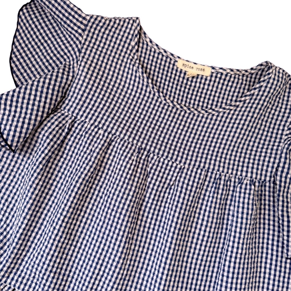 Blue Gingham Tiered Top Flutter Sleeves Summer Cottagecore Prairie Girly Large‎